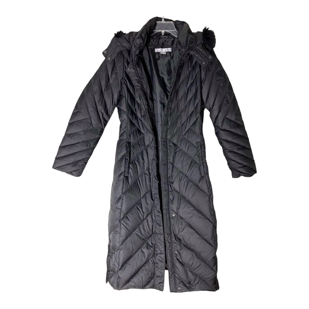 Larry Levine Chevron Long Maxi Puffer Faux Fur Hooded Coat Jacket Size Medium
